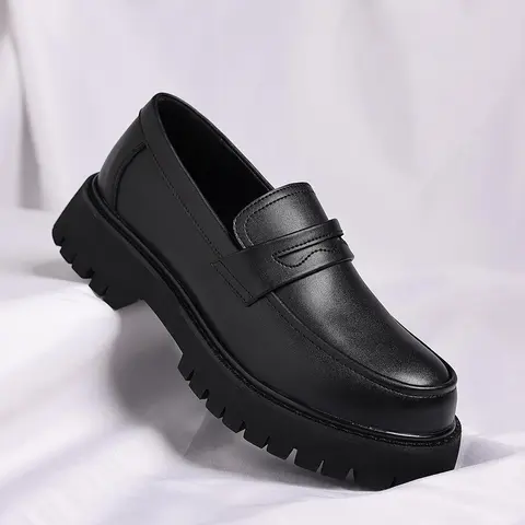 Men's Formal Real Leather Penny Loafers - Slip-On, Chunky Platform, Round Toe, Lug Composite Bottom Walking Shoes, Business Casual Use, Office-To-Dinner Ready, All Seasons, US 10/CN 44