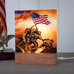 Iwo Jima Flag Raising USMC Marine Corps Memorial LED Nightlight Wood Base Acrylic Art USB Powered Warm White Illumination 6x7x2 Indoor Decor