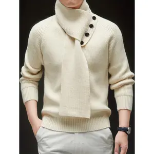Men’s fashion: Korean-style V-neck knit sweater with a detachable scarf collar—beige button-front collar, long-sleeve winter warm coat-like jacket, casual office wear (no-sew button closure), autumn–winter clothing