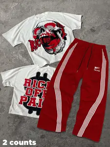 Two-Piece Set Men's Regular Fit Graphic Skull Print Shortsleeve Tee & Tracksuit Pants, Casual Short Sleeve T-shirt & Striped Trousers, Men's Outfits for Daily Wear Menswear