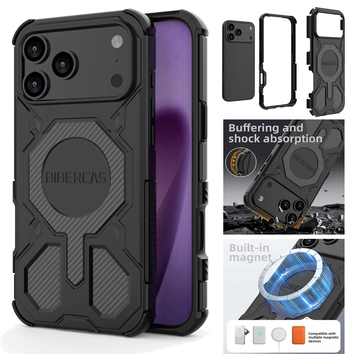 BIBERCAS Military Armor Phone Case for iPhone 17 16 15 14 13 Pro Max 17Air 16E with Magnetic Wireless Charging Anti-Drop Protection Shock Absorption Casing