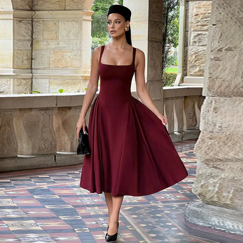 2026 Lady's Minimalist Plain A-line Dress, Sleeveless Square Neck Polyester Gown Going Out and Casual Wear - Dress Inspiration