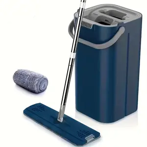 New 1 Set Deluxe Stainless Steel Hand-Free Wash Flat Mop and Bucket Set - Effortless Wet and Dry Cleaning for Tile Marble Wooden Floors Carpets - Perfect for Bathroom Kitchen Living Room Floor Cleaning - Durable and Easy to Use Cleaning Suppli