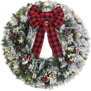 Christmas Wreath for Front Door,24 Inch 2 FT Prelit Snowy Flocked Christmas Wreaths with Timer 30 LED Lights Bow Red Berries Pine Cones, Christmas Door Decorations for Home Outdoor Indoor