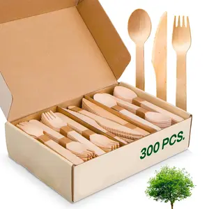 300Pcs/Set Natural Disposable Wooden Cutlery Set, Bamboo Utensils，Biodegradable Silverware Disposable Cutlery，Knife Fork Spoon Set， Perfect for Parties, Holidays, Birthdays, Weddings, Restaurants, Hotels