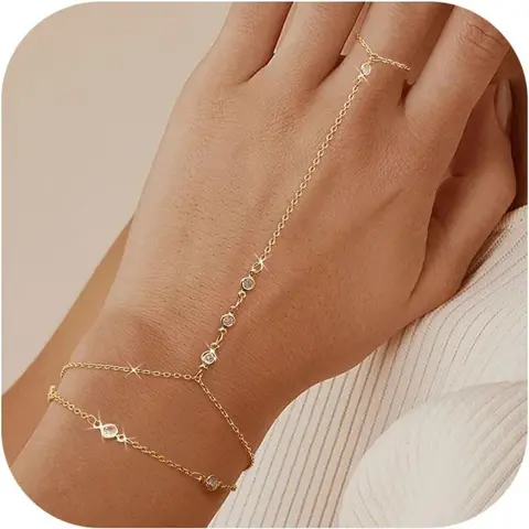 Hand Chain Bracelets for Women Trendy Fashion Bracelet 2 Piece Adjustable Finger Ring Bracelet Stack Dainty 14K Gold Plated CZ Layered Beaded Hand Chains Jewelry Gifts Bracelets Stacking