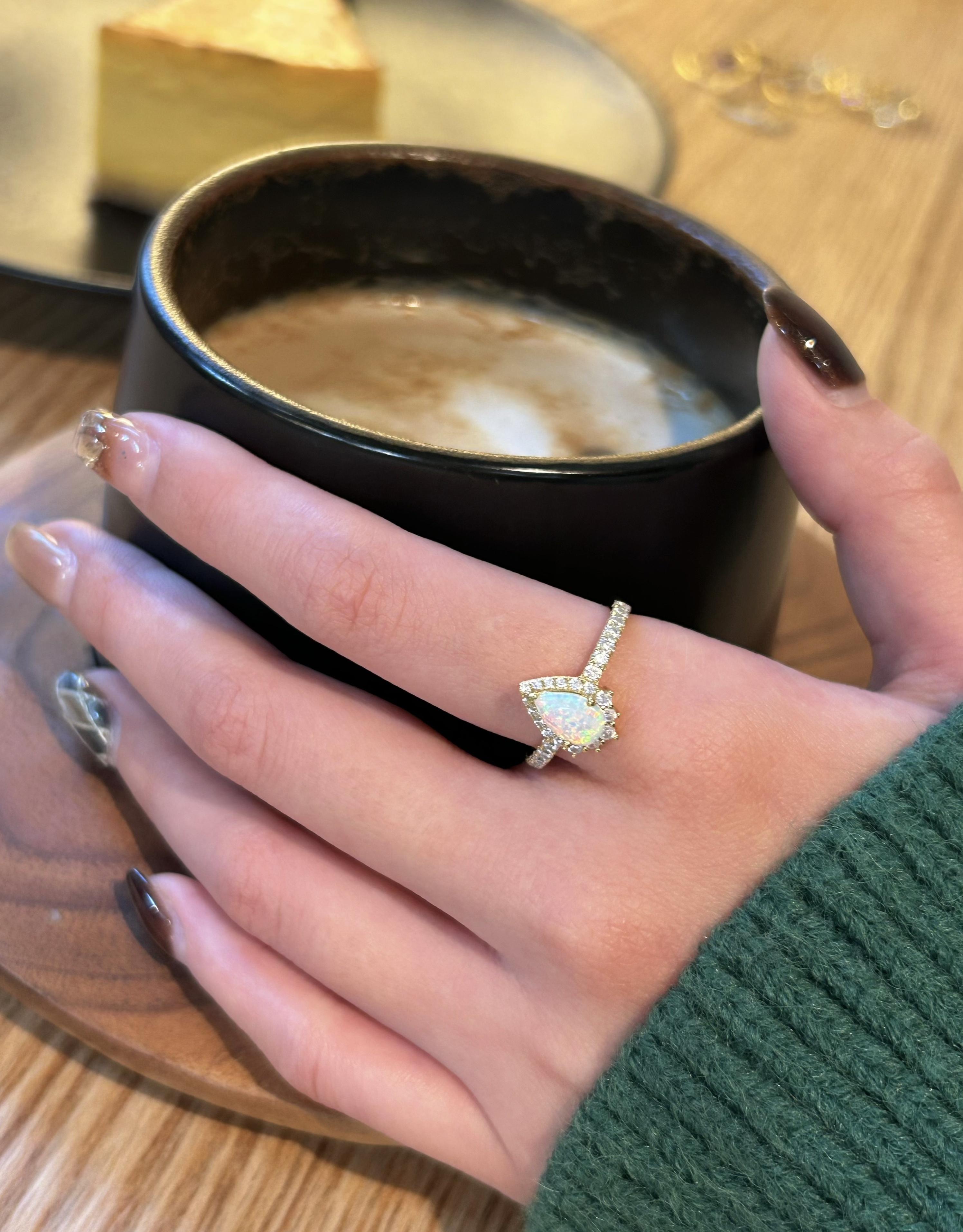 18K Gold Plated White Opal Eye-Catching Masterpiece Ring, Teardrop Style, 925 Sterling Silver