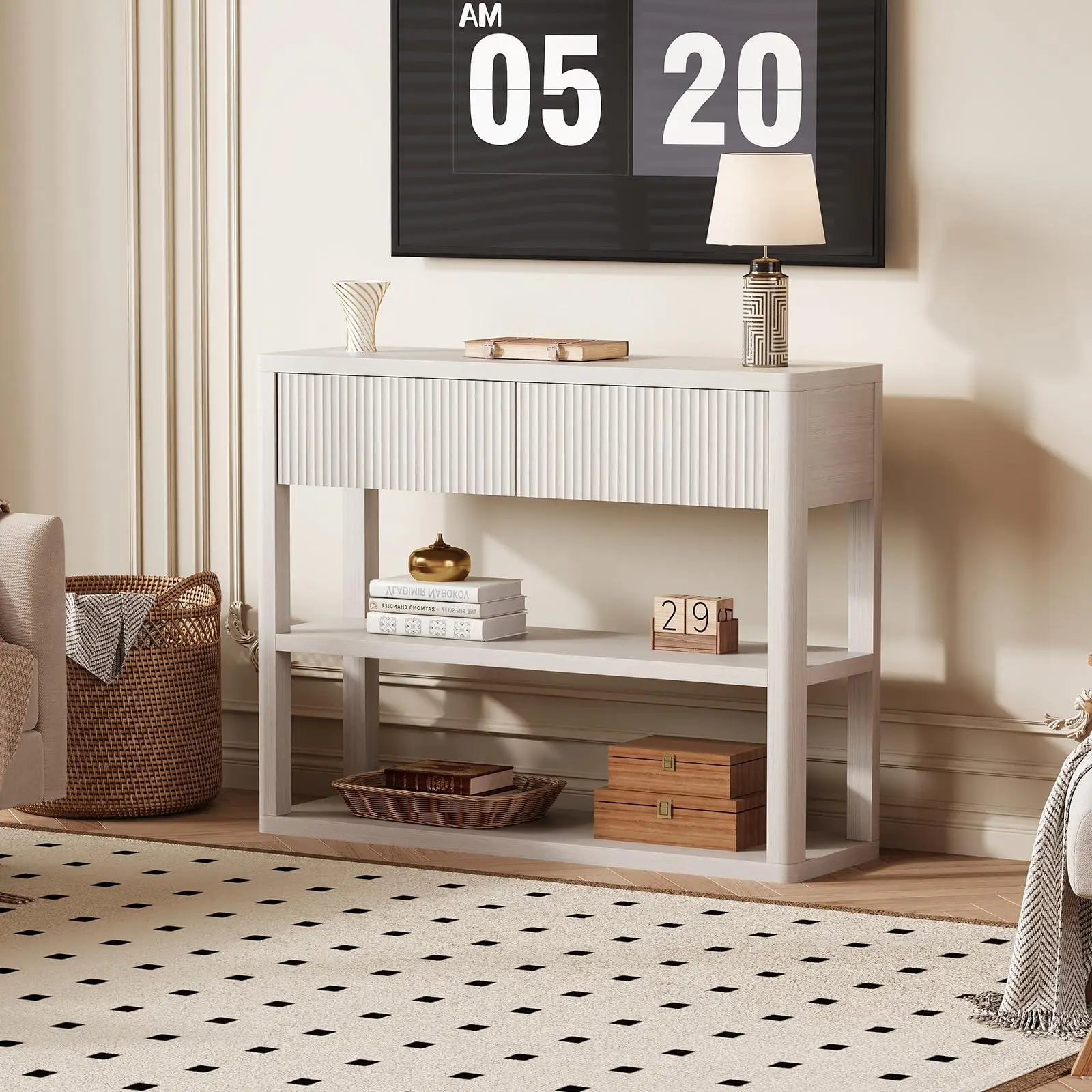 GARVEE Fluted Entryway Table with 2 Drawers, Console Table with 3-Tier Storage Shelves, Modern Sofa Table Behind the Couch for Living Room Entrance Hallway Foyer 34.6" White Grey
