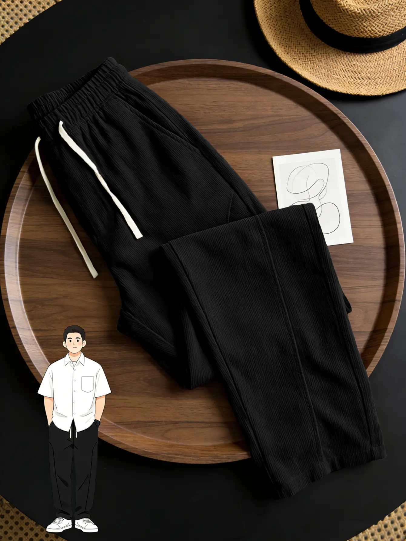 Men’s Black Corduroy Sports Joggers - Baggy Adjustable Elastic Waistband, Relaxed Straight Fit, Soft Skin-Friendly Fabric, Deepened Side Pocket, Casual Lounge Menswear for Everyday Street Style, Drawstring Pants Men's Sports Joggers, Long Pants Men's Spor