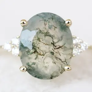 Imogene Ring with an Oval Moss Agate and White Accent Diamonds - Made to Order