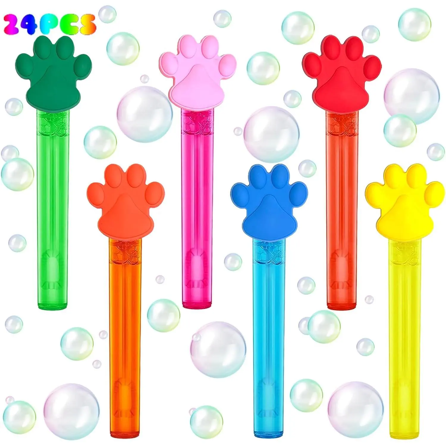 SQ-BG002 4.2 Inch Cute Paw Print Bubble Wand Set with Bubble Soap Liquid, 24Pcs Kids’ Toy Gift for Pet Birthday Supplies, Pool Play, Classroom Prizes, Detachable