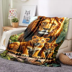 Super Soft Lion Forest Pattern Blanket, Cozy Flannel Wool Throw, Thick Knitted Polyester, Perfect for Camping, Office Naps, Dorms, Gifts