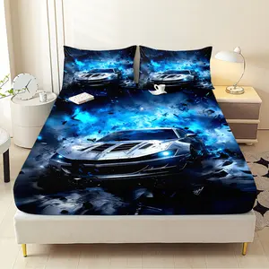 3pcs Blue Neon Sports Car Fitted Sheet Set All Seasons Decorative Mattress Cover Cool Car Mattress Protector Boho Bedding Set Bedroom Decor for Home Guest Room Decor 1 Fitted Sheet+2 Pillowcases Without Core Decorative Bedsheet Sets