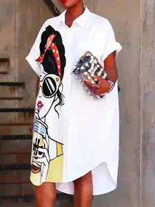 A women's geometric print contrast-colored v-neck short-sleeved loose-fitting shirt dress that is casual and versatile.