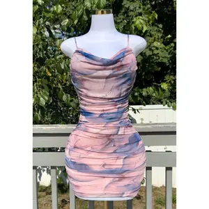 Aurora Dress Short Party Women's Formal Spaghetti Strap Dress Made of Polyester in Pink and Blue with V-Neckline