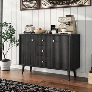 Garvee 47'' Modern Fluted Sideboard Buffet Cabinet with 3 Drawers, Slim Kitchen Storage Cabinet, Wood Coffee Bar Station for Dining Room Living Room Apartment, Black