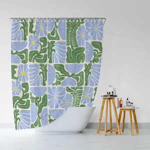 Boho Abstract Colorful Floral Shower Curtain, Vintage Patchwork Blue Geometric Bathroom Decor, 70.866 X 70.866 Inches