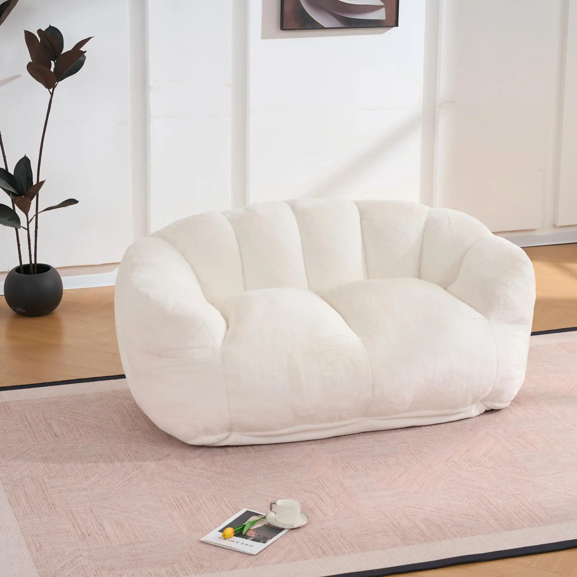 Floor Loveseat Bean Bag Sofa, Ultra Plush Two-Seater Lazy Couch with High-Density Foam, Cozy Faux Fur Reading Chair for Living Room or Bedroom, Beige