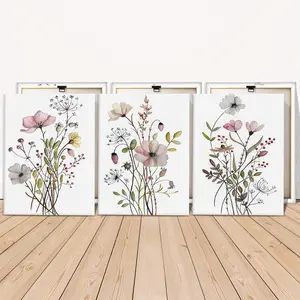 3 Counts Wooden Framed Canvas Painting, Elegant Wildflower Botanical Art, Exquisite Poster, Perfect Living Room Decoration, Modern Art, Fashion Family Poster, Wall Art Decoration, Decorative Artwork, Waterproof Art