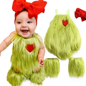 (New)Toddler Baby Girl Christmas Outfit Furry Sleeveless Romper Overalls Headband Leg Warmer Green Monster Cosplay Xmas Outfit
