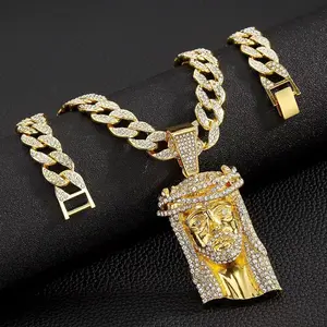 14K Gold Plated Jesus Pendant for Men, 5A Cubic Zirconia Iced Out Cuban Chain Necklace for Men Women, Bling Rap Style Couple Jewelry