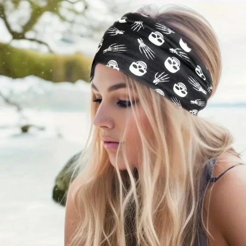 1pc Fashion Non Slip Punk Headband Skull Pattern Headband Halloween Headwear Knotted Hair Band Hair Styling Accessories