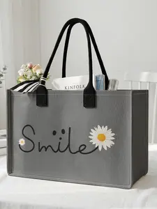 1 piece of daisy + smile slogan 2D printed large capacity storage bag, extra large storage bag, Casual Tote Bag, sturdy handle, space-saving multi-purpose, suitable for going to school, traveling, shopping