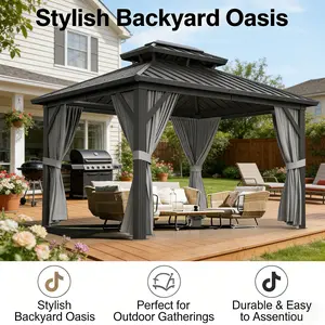 LH-Garvee Hardtop Gazebo, 10x12 FT Aluminum Frame Gazebo with Galvanized Steel Double Roof, Family Camping Tent Waterproof Windproof Spacious Tent with Ventilated Mesh Windows for Outdoor Hiking Travel Backyard Party