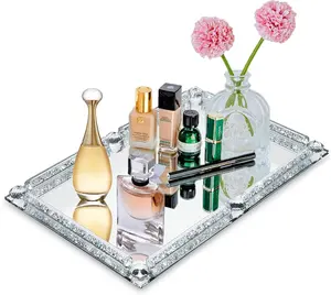 Mirror Crystal Perfume Tray,Crushed Diamond Filled Crystal Glass Tray,Cosmetic Makeup Vanity Tray,Jewelry Trinket Tray,Serving Tray for Home Decorative,Party,Hotel Banquet