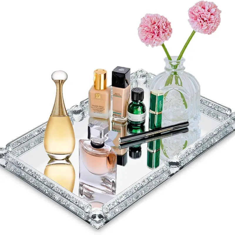 Silver Glam Crushed Diamond Crystal Mirror Perfume Tray - Corrosion-Resistant 1-Tier Home Organizer with Glass Base, Beauty Storage for Bathroom, Coffee Table, Ideal Lady's Cosmetics & Jewelry Gift (Diamond-Like Shine)
