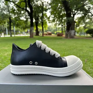 Ricks  rand Classic Design Retro Thick Shoelaces Black Cowhide Leather Owens Men Shoe  Low Top Casual Women Street Flat Sneaker