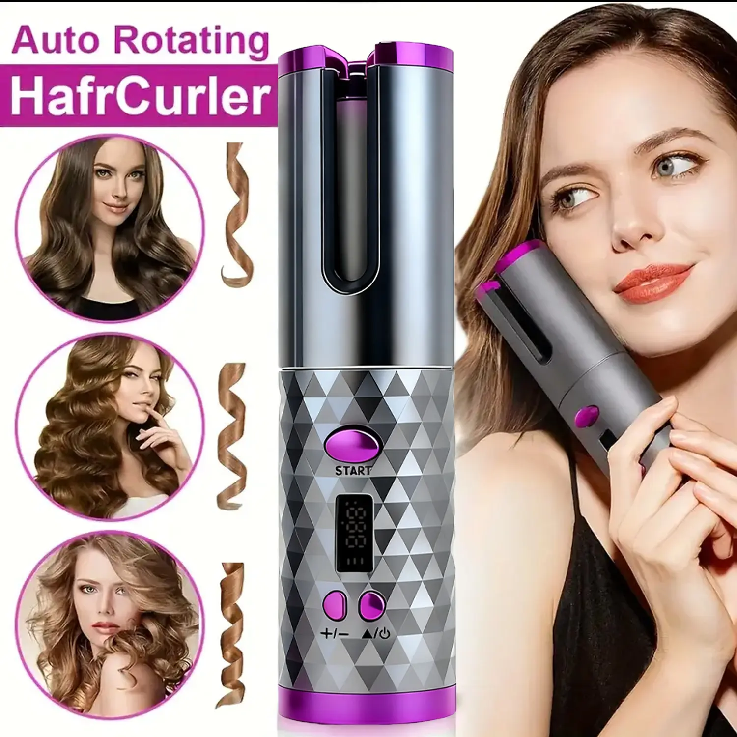 Rechargeable USB cordless hair curler with 6 heat settings and timer, fast heating, and auto shut-off. The LED display shows battery and temperature, making it easy to create stylish, effortless curls anytime.