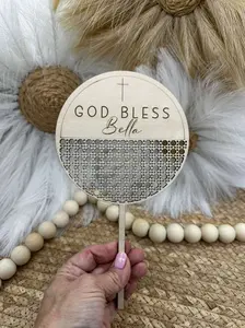 Personalized Round Wood Rattan Cake Topper | Custom Baptism, First Communion & Confirmation Cake Sign | Engraved Christian Topper for Faith Celebrations