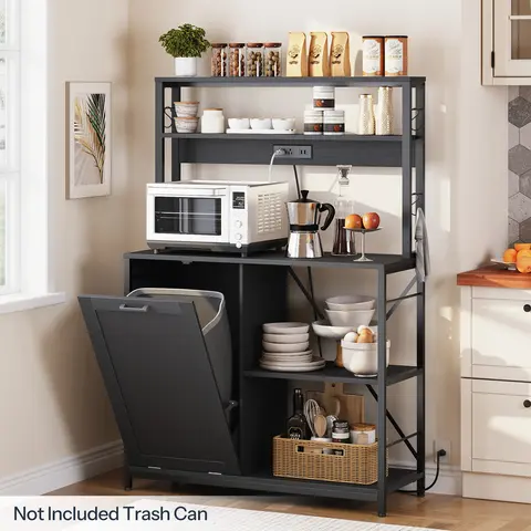 HOOBRO 5-Tier Rectangular Metal Frame Kitchen Baker's Rack - Organize Home Decor, Multi-Shelf Design, Trash Can Cabinet, Dual Power Outlets, Microwave Stand, Tall Organizer Rack Kitchen Furniture, Coffee Bar Station, Requires Assembly