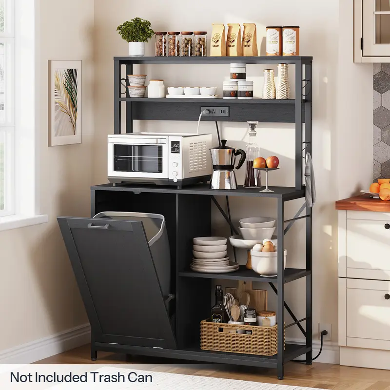 HOOBRO 5-Tier Rectangular Metal Frame Kitchen Baker's Rack - Organize Home Decor, Multi-Shelf Design, Trash Can Cabinet, Dual Power Outlets, Microwave Stand, Tall Organizer Rack Kitchen Furniture, Coffee Bar Station, Requires Assembly