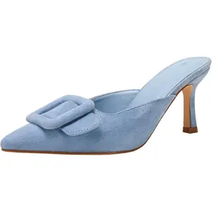 Coutgo Women's Heeled Mules Pointed Toe Suede Buckle Slip On Sandals Kitten Heels Party Wedding Shoes for Elegant Girl Footwear