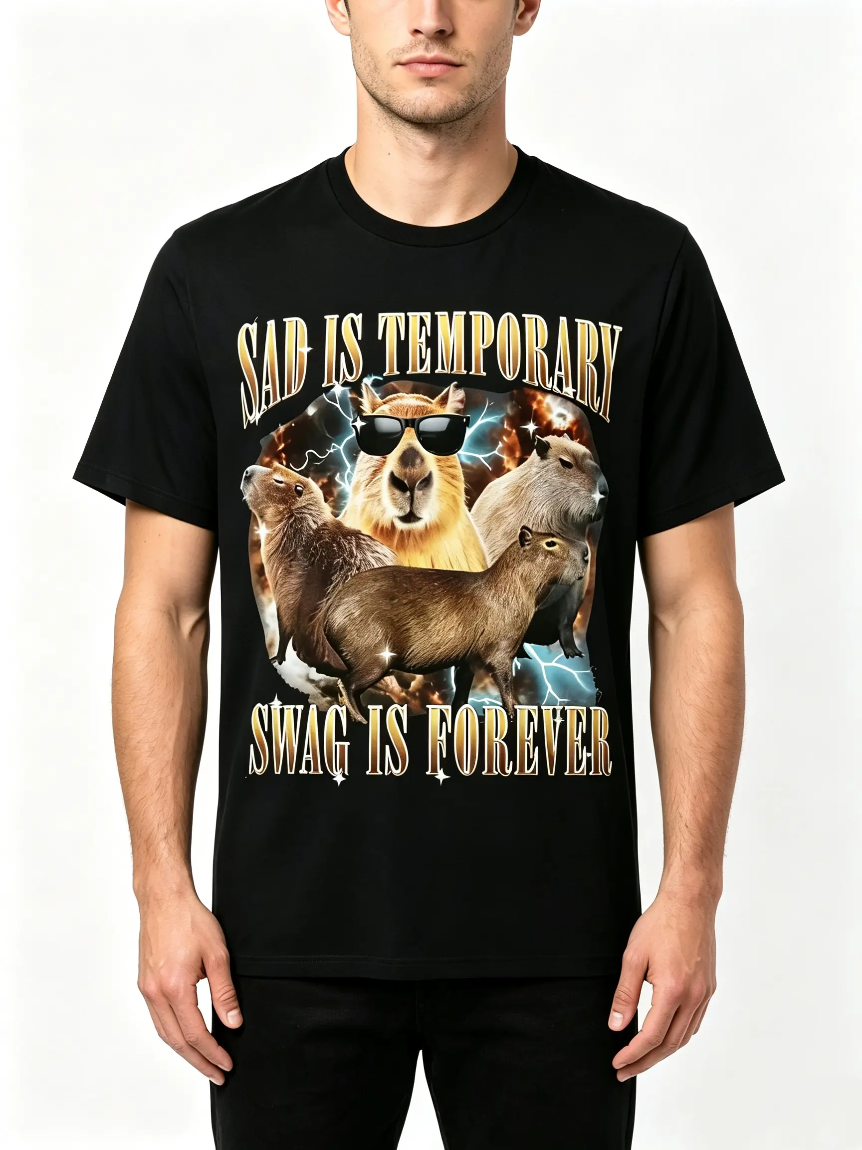 Men's Graphic T-Shirt with "Sad is Temporary Swag is Forever" Capybara Meme, Basic Vintage 90s Shortsleeve Top in Soft Cotton Fabric, Retro Streetwear Vibe, Round Neck, Retro 90S, Casual Fit, Funny Quote
