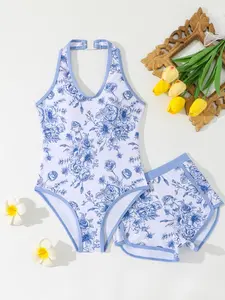 Floral Print Blue Trim One-Piece Swimsuit & Briefs Set, Girls' Two-Piece Swimwear, Beach Swimming Casual Sport Style, Sporty Style, Floral Pattern, Swimwear Sets