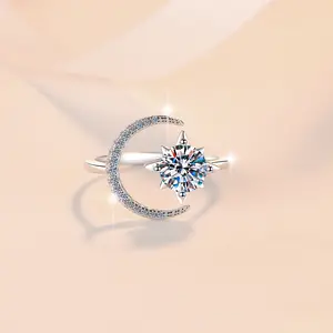 S925 Sterling Silver Starmoon Open Ring Synthetic Moissanite Ring fashion jewelry accessory woman girl promise ring-201(50%)