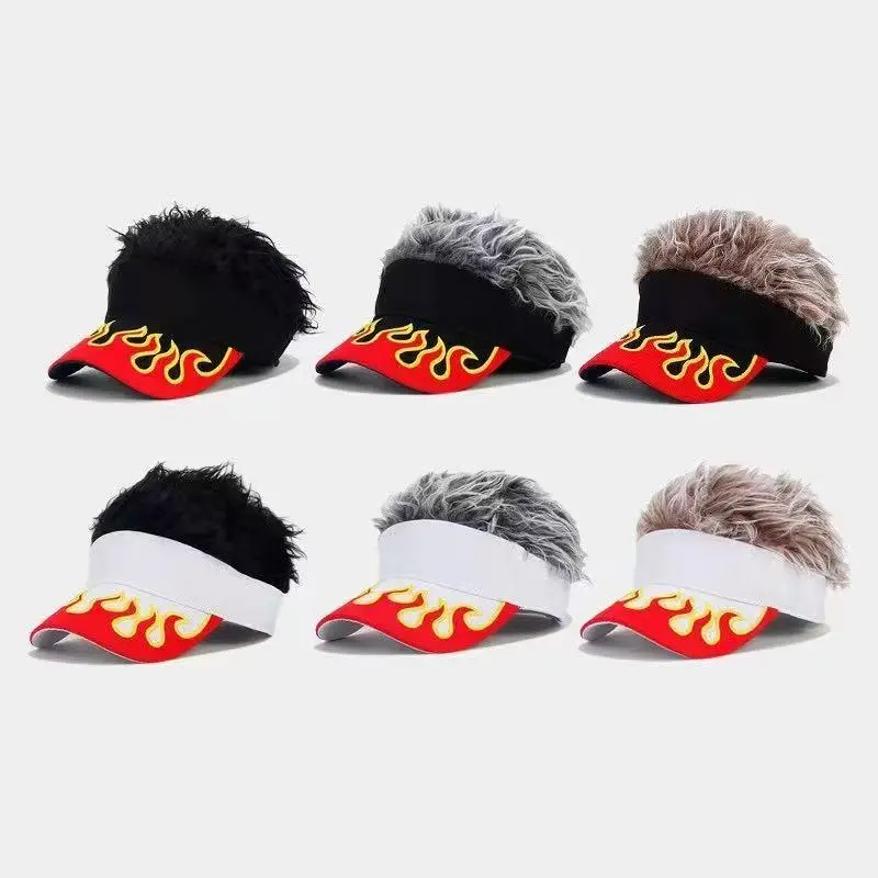 Flame Print Wig Hair Sun Visor Hat For Men Women, Adjustable Lightweight Novelty Hip-Hop Costume Accessory, Funny Gag Gift Ideal For Motorcycle Parties Music Festivals Streetwear & Summer Daily Styling,4th of july accessories