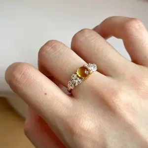 Women's Elegant Light Luxury Beaded Gemmed Gold Plated Expanding Ring, Round Bead Yellow Crystal Floral Design, Banquet Jewelry Gift (Crystals Ring Included), Gold Plated Rings, Beaded Gemmed Rings