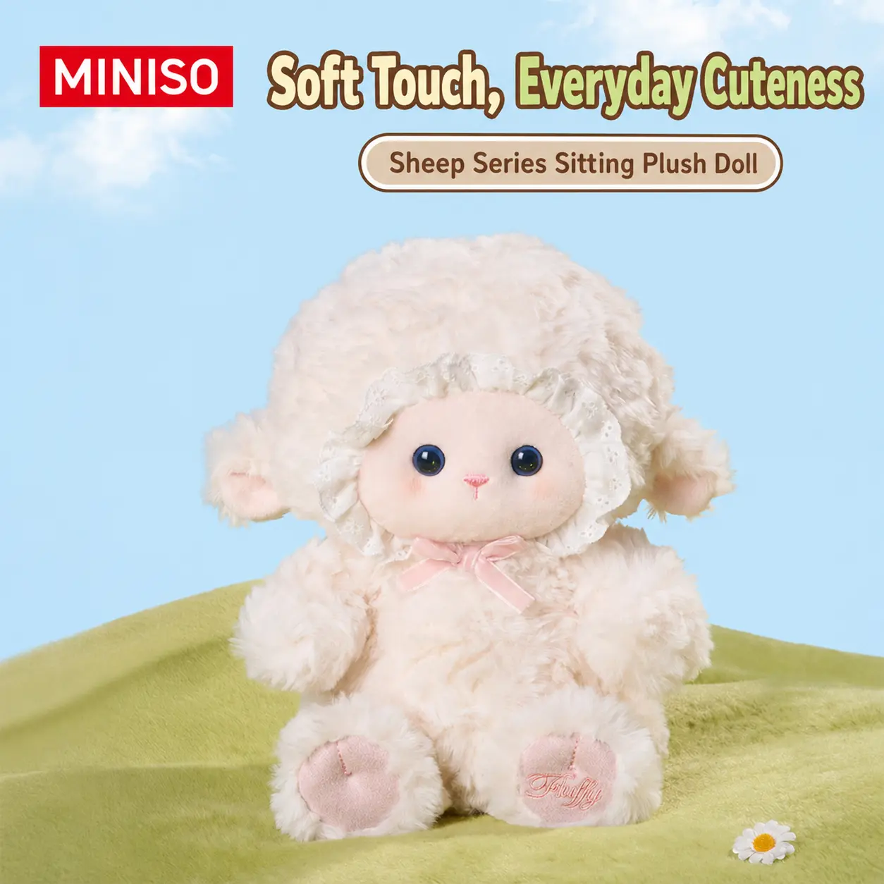 MINISO Good Friend Series Fluffy Lamb Plush Toy, Soft Cuddly Sheep Stuffed Animal, Kawaii Plushie Companion Gift for Girls Teens Birthday