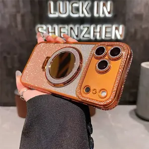 Fashion Glitter Rhinestone Phone Case with Mirror Ring Holder, Protective Smartphone Cover for iPhone 17 Pro Max , 1 Count Casing