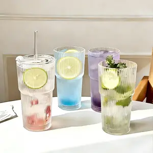 4 Pack 540ml Aesthetic Ribbed Glass Tumblers Clear Vertical Ridged Reusable Dishwasher Safe Cups for Iced Coffee, Smoothies & Everyday Use