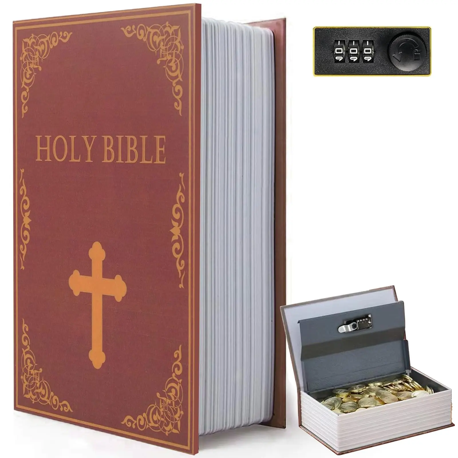 HOLY BIBLE Portable Diversion Book Safe, Secret Hidden Lock Box with Combination Lock for Valuables, Hidden Storage Compartment Disguised as a Book
