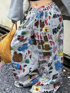 Women's Plus Size New Sweatpants, Loose Fit Slimming Wide Leg Pants, Elastic Waist, Cartoon Graffiti Print, Casual Fashion Loungewear