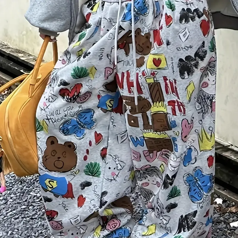 Women's Plus Size New Sweatpants, Loose Fit Wide Leg Pants, High Elastic Waist, Cartoon Graffiti Print, Casual Fashion Loungewear, Women's Bottoms