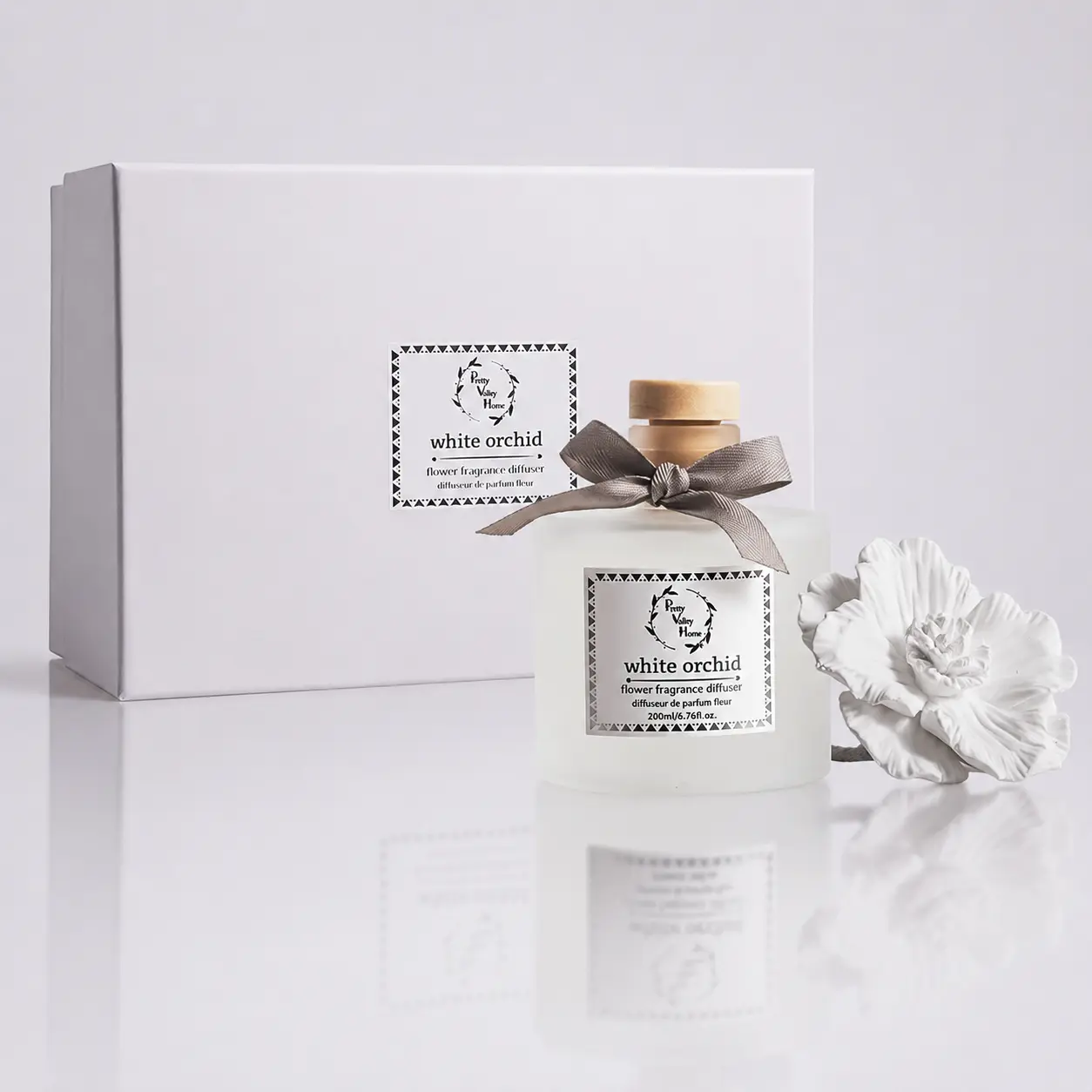 Pretty Valley Home-Reed Diffuser Sets, 6.76 Fl. Oz / 200ML Ceramic Diffuser Flower Gift Box, Home Reed Diffuser for Bathroom Office Bathroom Living Room Decor (White Orchid)
