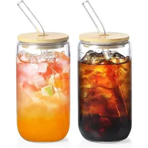 Bamboo Lid Glass Cup Set (includes Straw), 16 Oz Glass Cup, Ice Coffee Mug, Cute Iced Tea Cup, Beer Cup, Bar Accessories, Drinking Glasses, Glassware Set, Perfect Gift