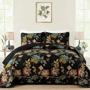 Quilt Set  Size, Black Botanical  Bedspread  Sets, 3 count Floral Quilt with 2 Pillowcases,Soft Lightweight Microfiber Coverlet Set for  Season(96"X90")